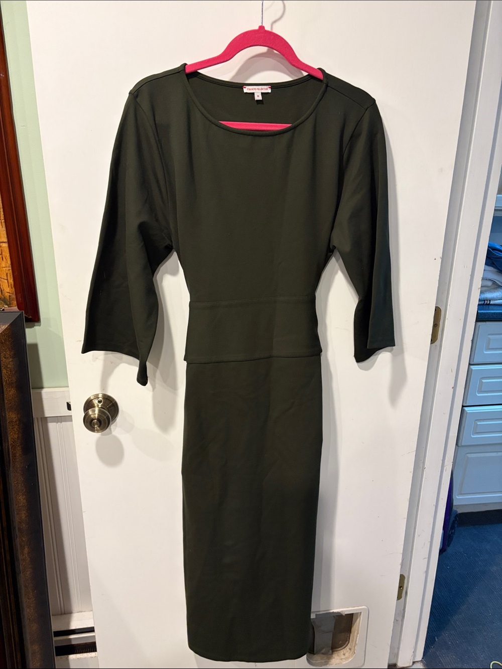 Frances Valentine Olive Green Midi Sheath Dress with 3/4 Sleeves M